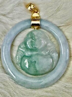 Unbranded Green Jade Laughing Buddha Pendant Necklace